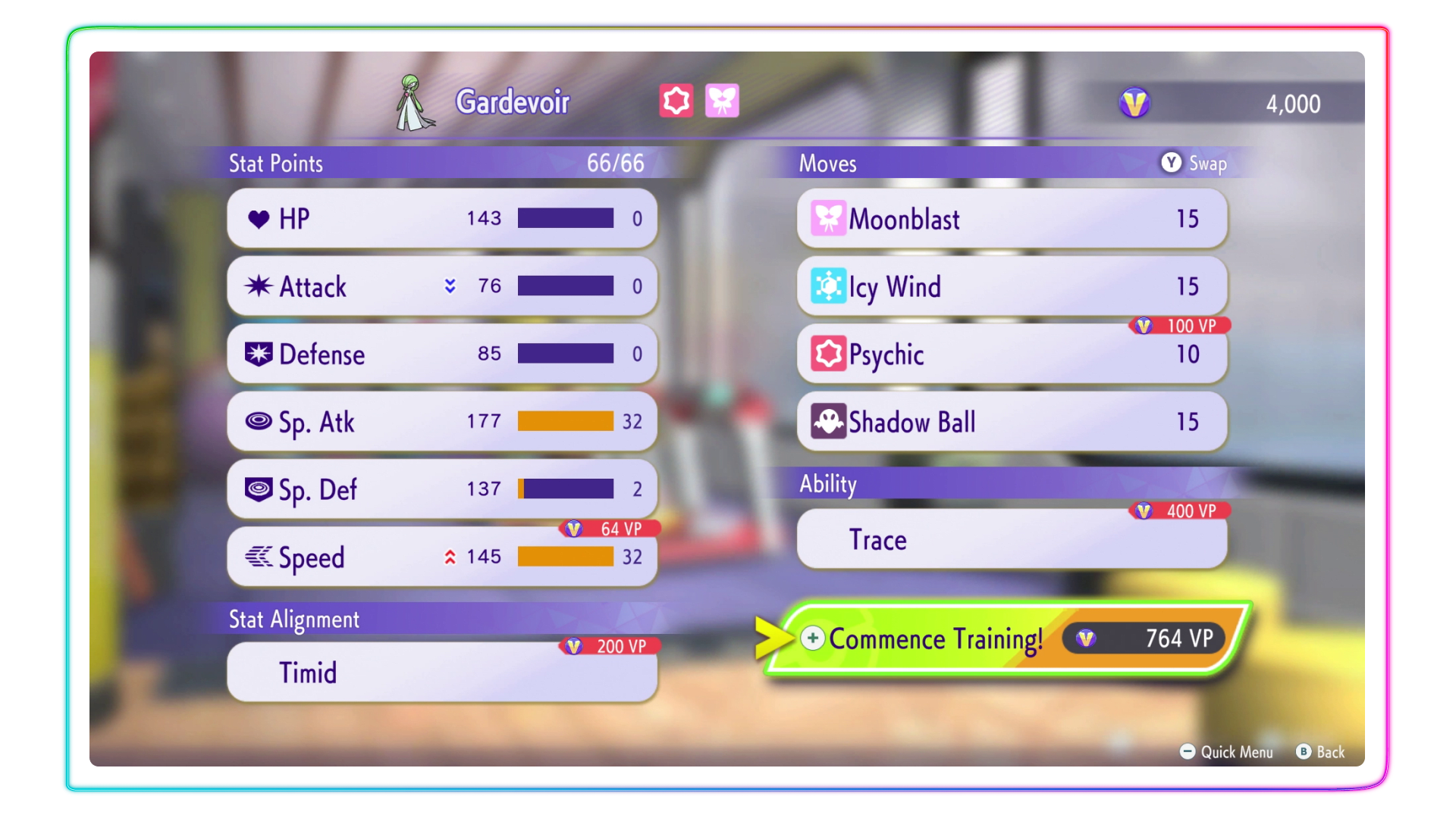 Tela de treinamento no Pokémon Champions mostrando ajustes de atributos e movimentos