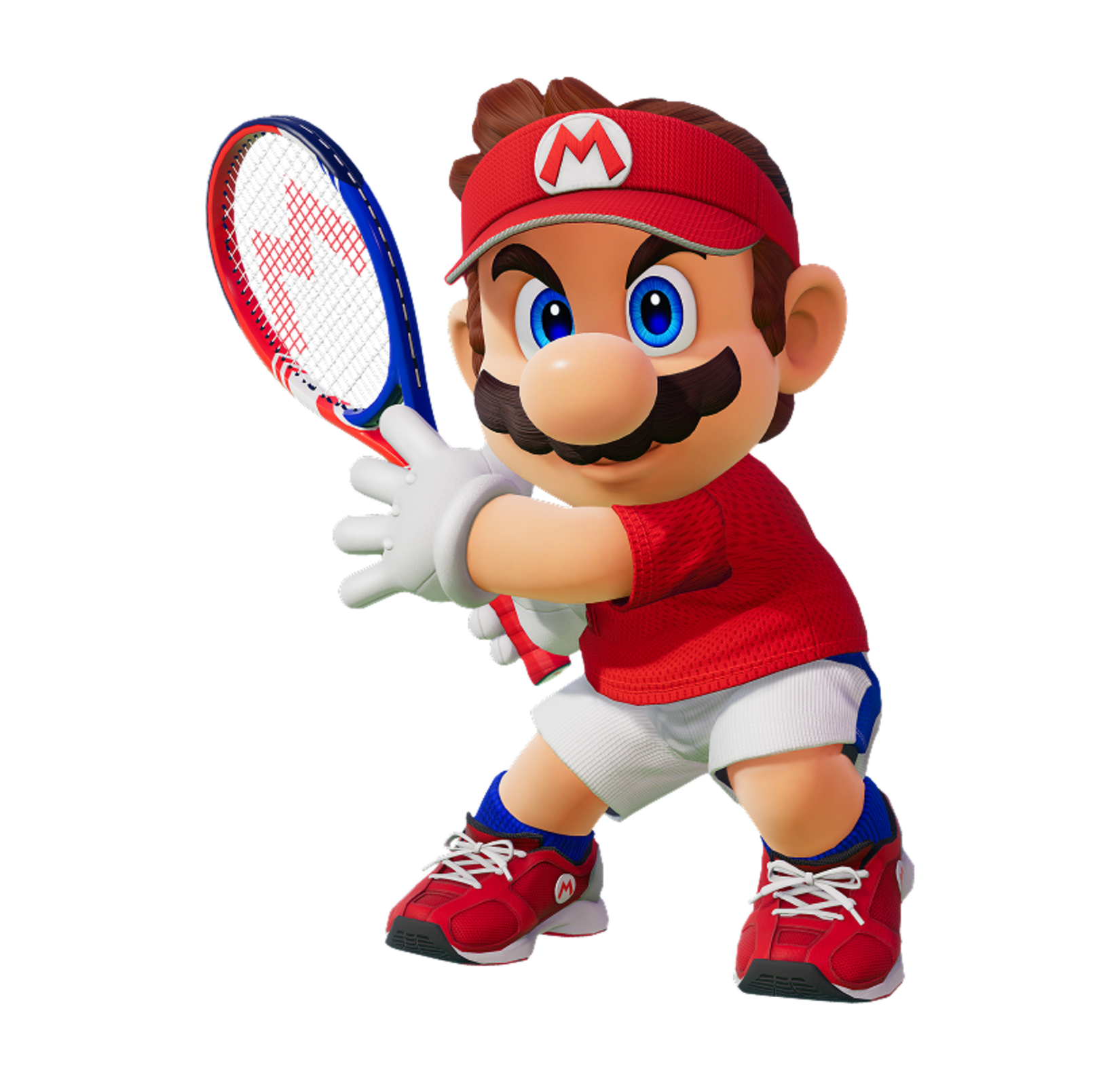 Mario está listo para jugar luciendo un conjunto completo con una visera roja y tenis del mismo color que van a juego.