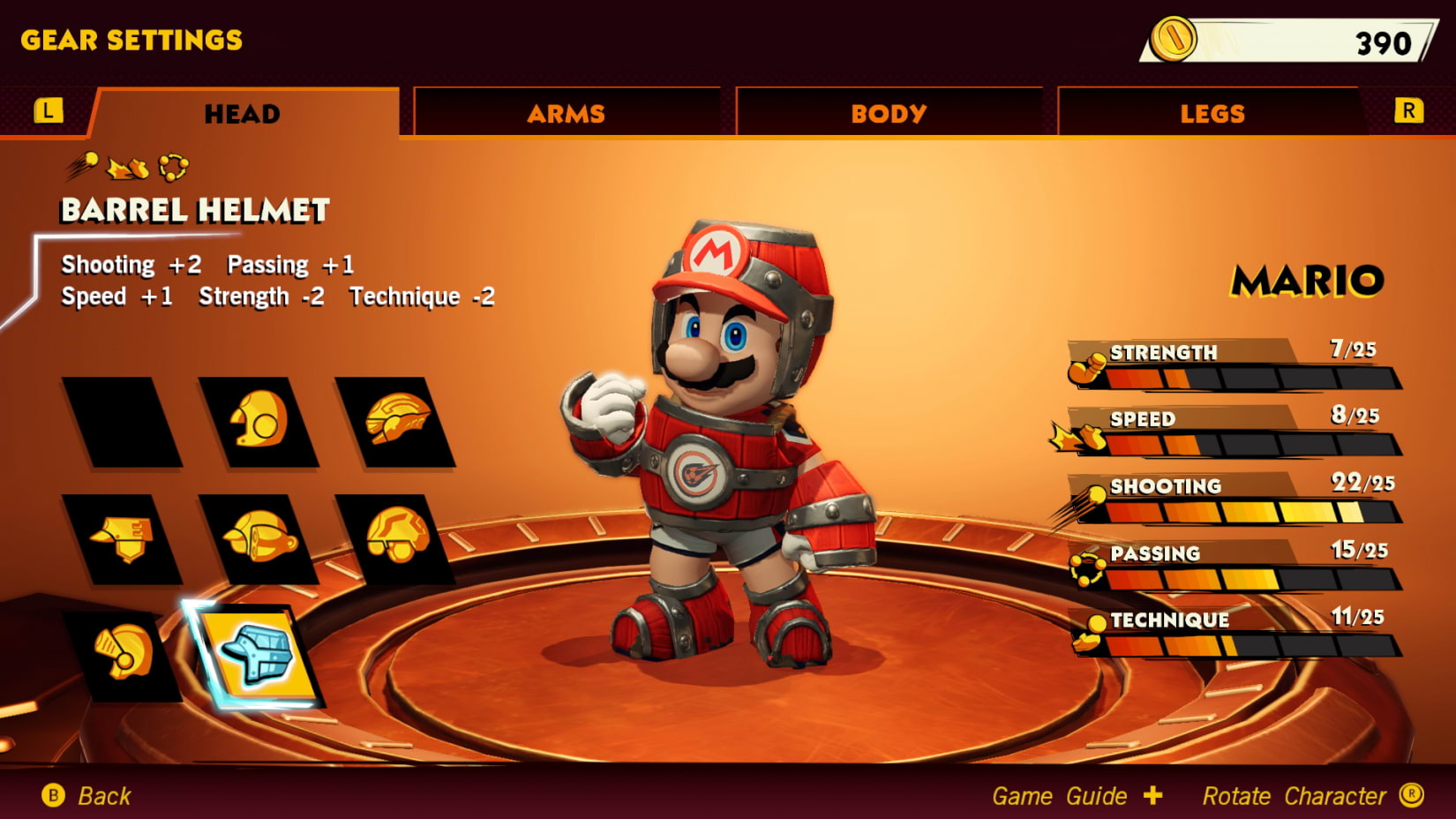 Pantalla de opciones de personalización de equipo con Mario