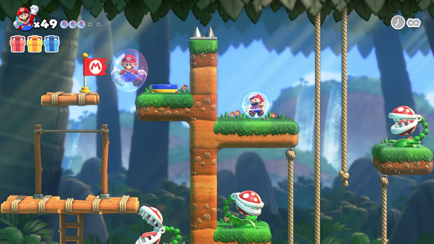 El estilo casual permite que Mario reciba hasta cinco golpes y se lo coloca en una burbuja de seguridad cuando lo hace, y el temporizador de nivel está configurado en ilimitado.