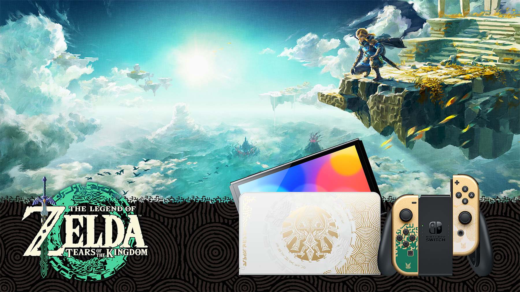 Nintendo Switch OLED Model The Legend of Zelda Tears of the Kingdom Edition console, dock, and Joy-Con controllers