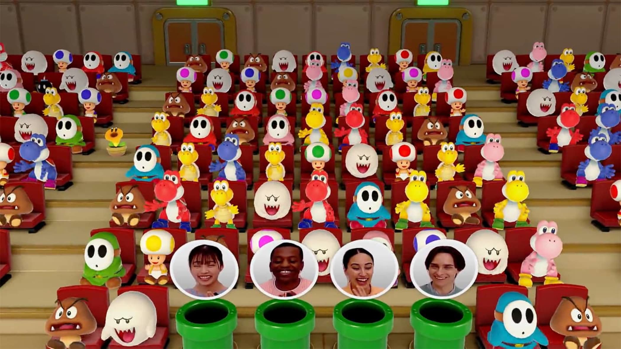 Four player images appear as part of the Jamboree TV crowd. Their faces each float above a Warp Pipe.