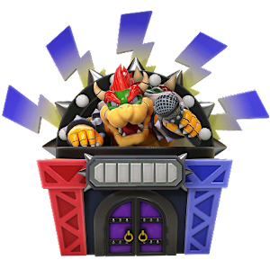 The entrance to Bowser Live. Bowser holds out a microphone above a purple double door.