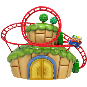 The entrance to Carnival Coaster. A red rollercoaster loops above a yellow double door.