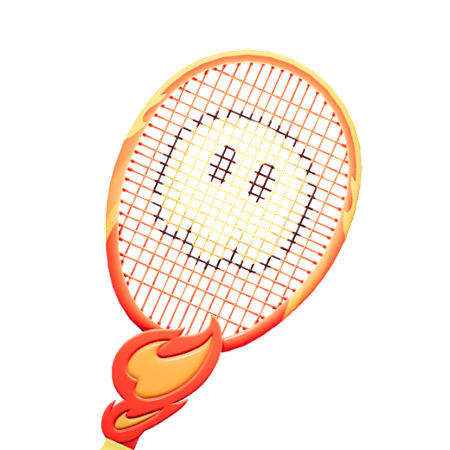 A red, orange, and yellow racket with a flame shaped shaft going into the handle.