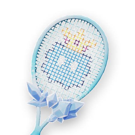 A light blue racket with shards of ice where the head meets the shaft.