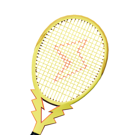 A golden colored racket with lightning bolt patterns in its strings and shaft.