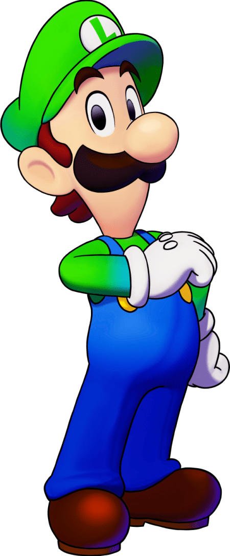 Luigi está parado orgullosamente al lado de Mario. 