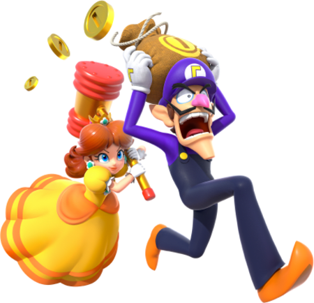 La princesa Daisy persigue a Waluigi con un martillo.