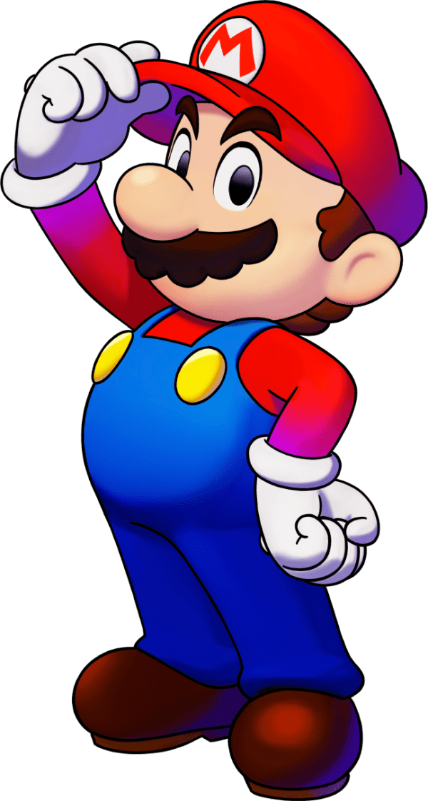 Mario está parado, tocando el ala de su gorra.