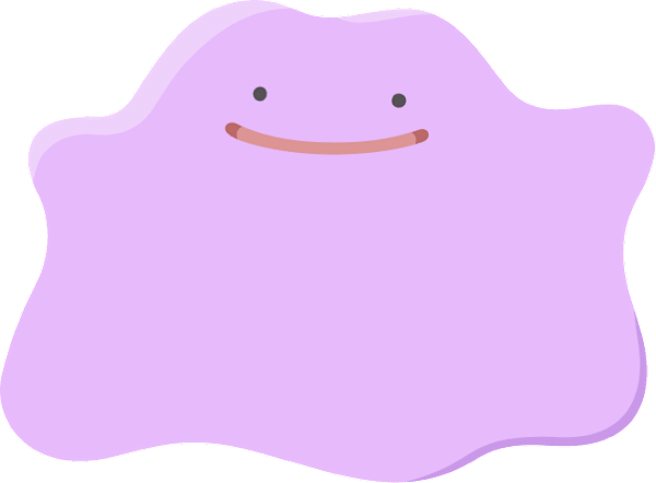 Ditto is an adorable purple Pokémon with small dots for eyes and a wide thin smile.