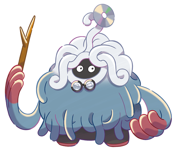 Professor Tangrowth has a broken pair of glasses, a stick, and a CD on their head.