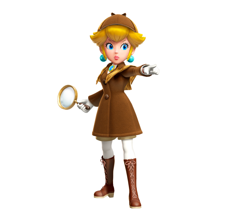 Peach señala con firmeza y blande una lupa en la mano izquierda. Lleva un abrigo marrón y un sombrero de cazador.