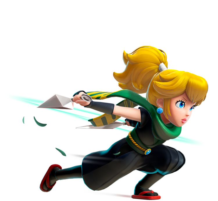Peach se lanza hacia adelante, blandiendo dos kunais y vestida con un discreto traje negro. Una larga bufanda verde ondea tras ella mientras corre.