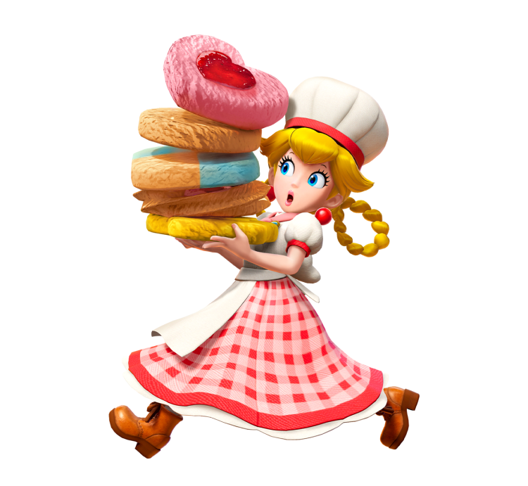 Peach, que lleva un vestido rojo a cuadros y un sombrero de panadero, lleva una pila de deliciosas galletas que amenazan con caerse.