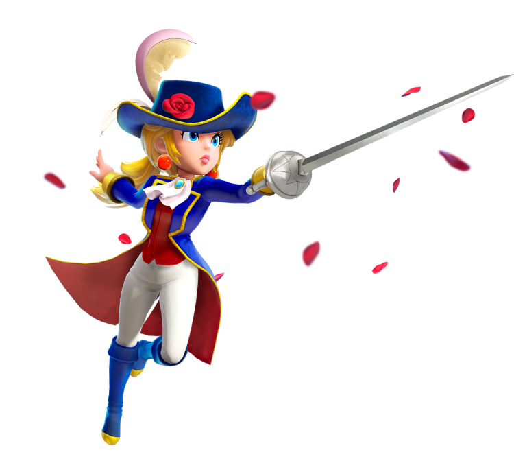 Pétalos de rosa revolotean alrededor de Peach, quien luce un elegante abrigo azul y un sombrero de caballero con una pluma abullonada. Se lanza hacia adelante con su espada.