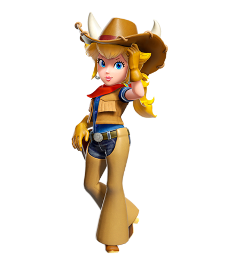 La vaquera Peach apoya una mano en su cadera y mueve el ala de su sombrero con cuernos.