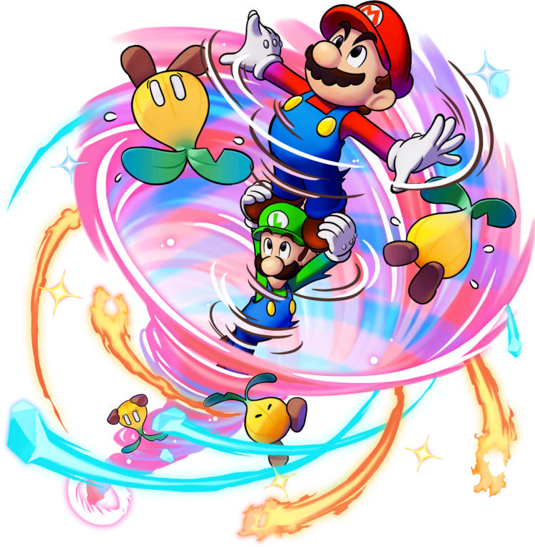 Mario and Luigi spin up into the air.
