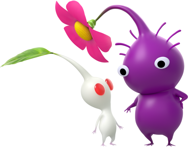 A smaller White Pikmin looks up at a larger Purple Pikmin.