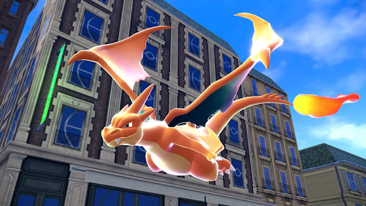 The orange and white Mega Charizard Y is flying through the city.