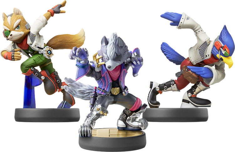 A group shot of Fox, Falco and Wolf's Amiibo surrounded by a rotating orange circle.  Star Fox עבור Nintendo Switch 2