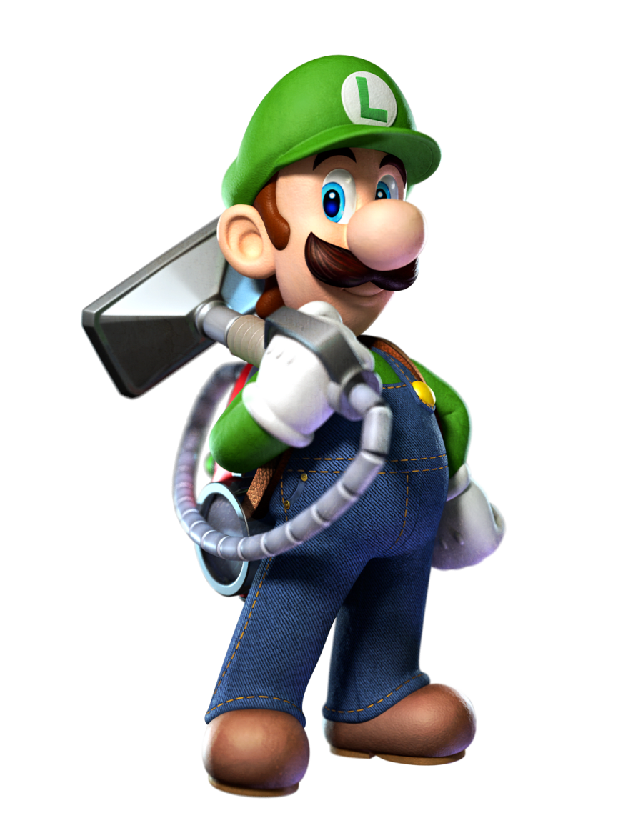 Luigi posa heroicamente con el mango del Poltergust 5000 apoyado en su hombro.