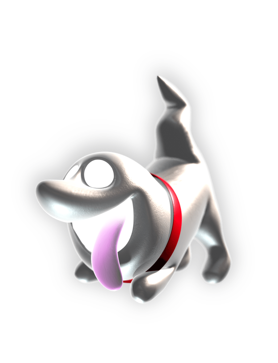 Polterpup’s kind eyes and smile emit a white glow. The ghost doggy has a big red collar.