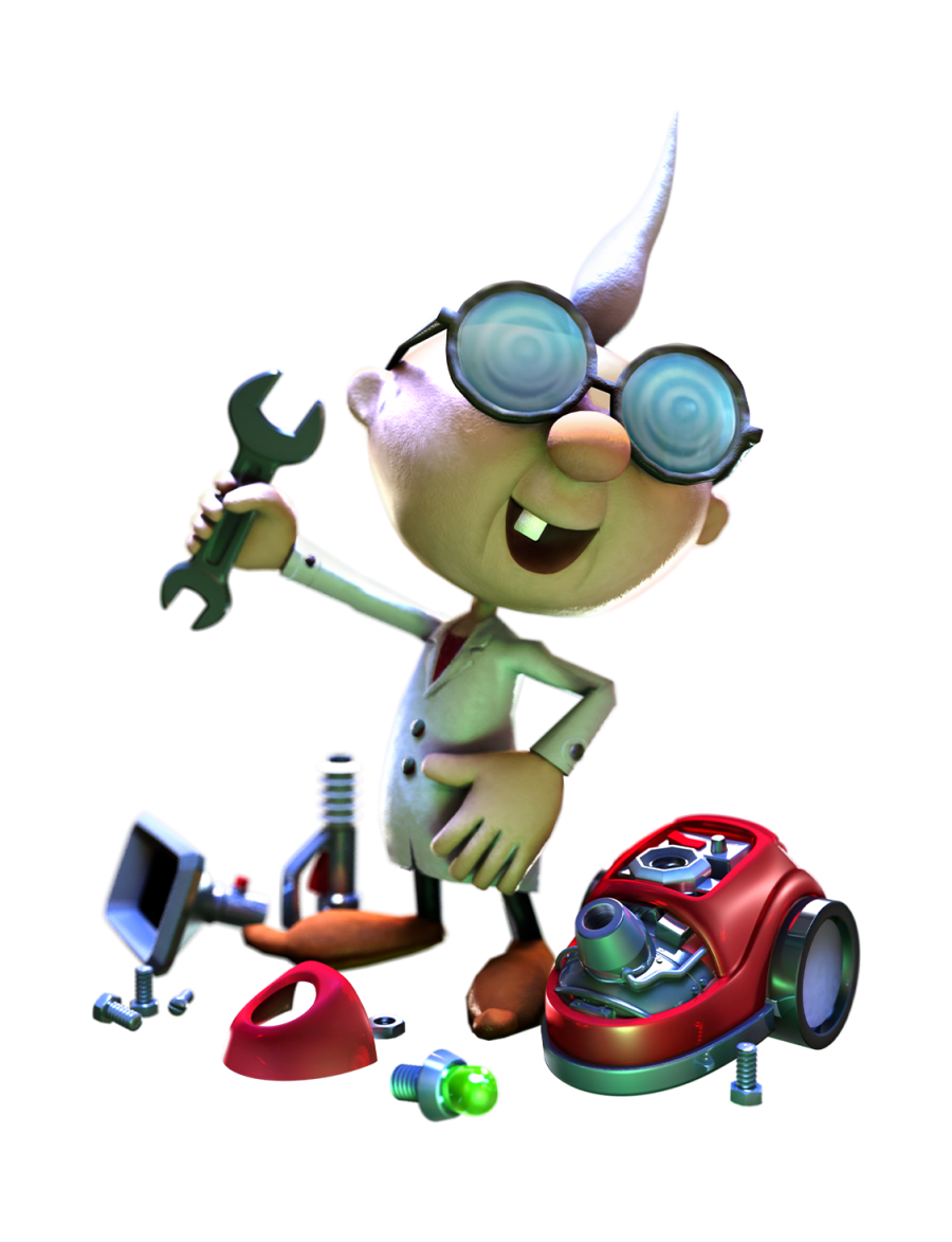 Professor E. Gadd is a short man with a white lab coat, a tuft of white hair that sticks straight up, and hypnotic-looking glasses. He is tinkering with parts of the Poltergust 5000.