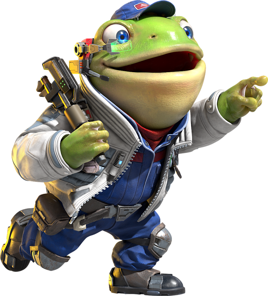 A holographic Slippy Toad pulsates up and down as they point towards something in the distance. Star Fox עבור Nintendo Switch 2