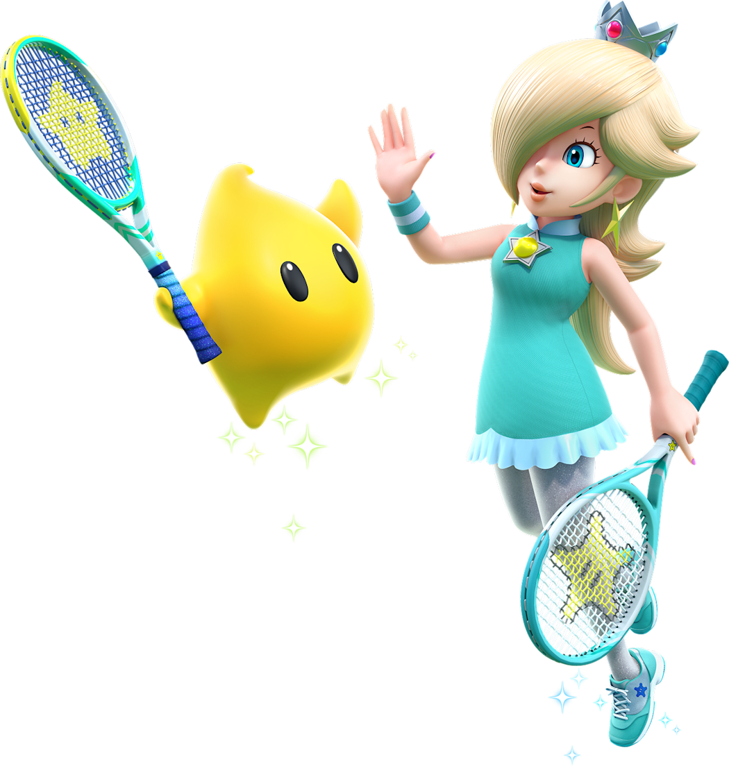 Rosalina and Luma high-five! Rosalina's wearing a sporty blue tennis dress.