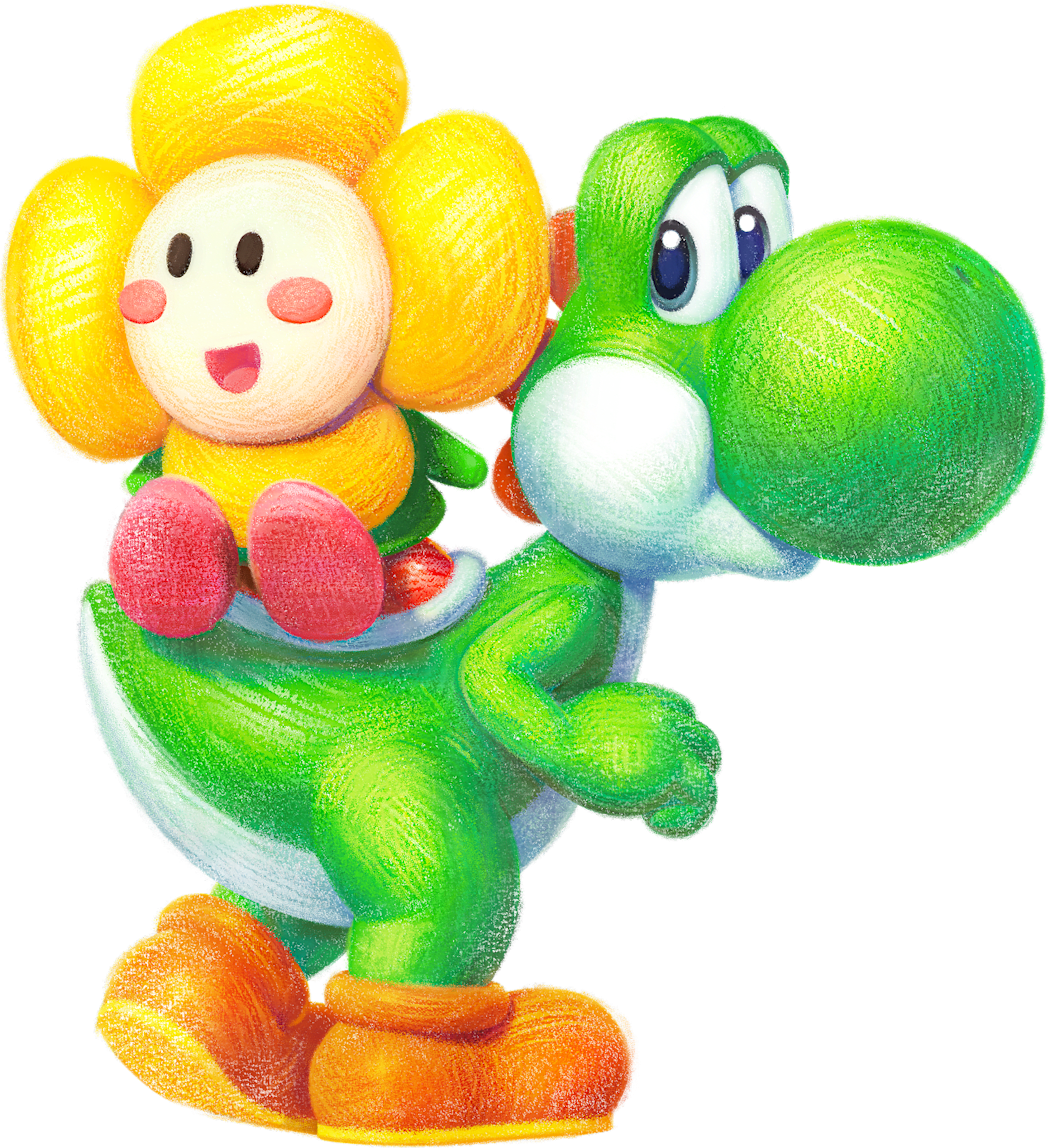A flower-like creature, Crazee Dayzee, rides on Yoshi's back with magnifying monocle that moves closer to Yoshi as you scroll.