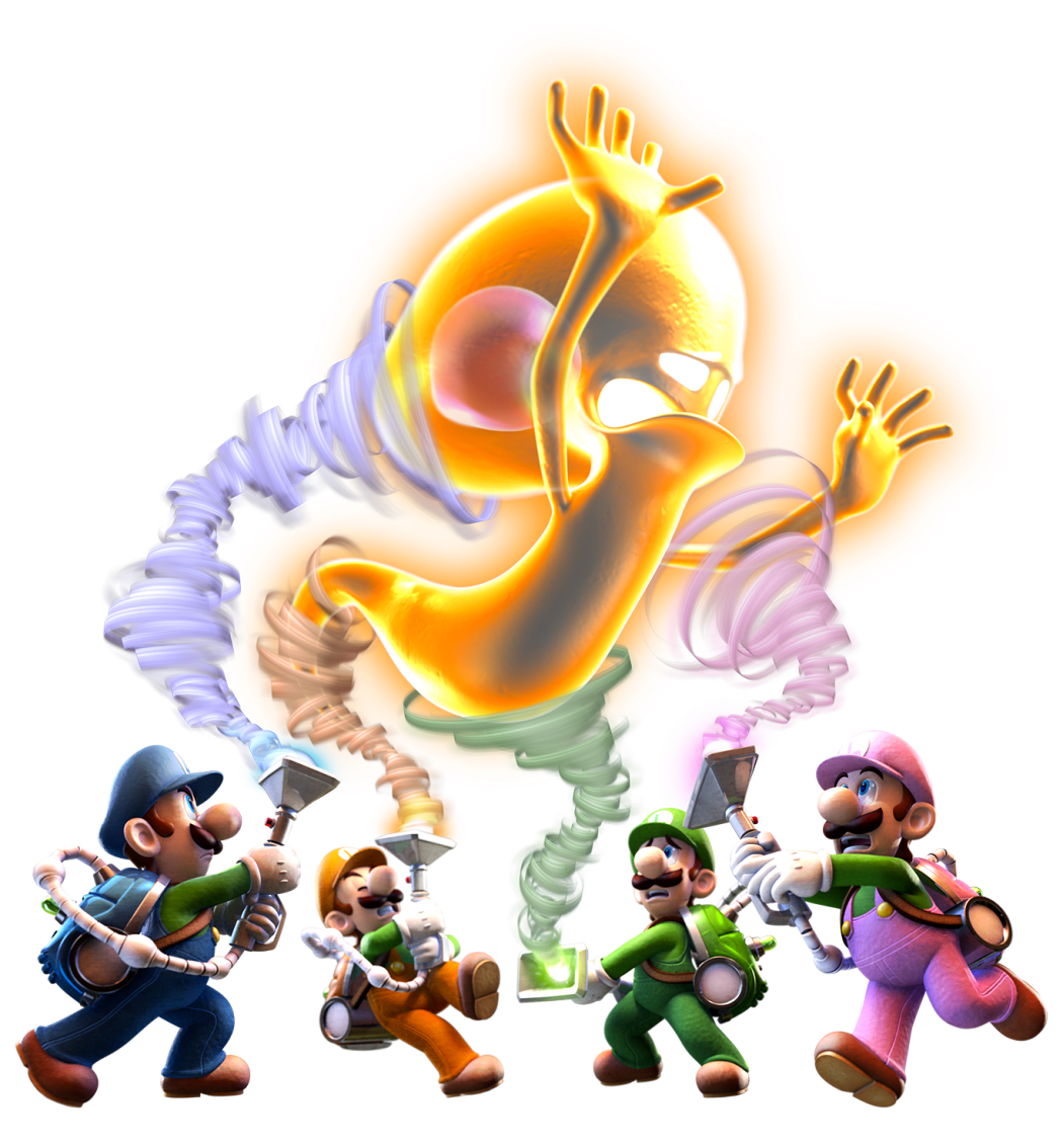 Four Luigis work together to suck up a big yellow ghost. Each Luigi has a green shirt with a different color overall and matching hat. One is blue, one is orange, one is green, and one is pink.
