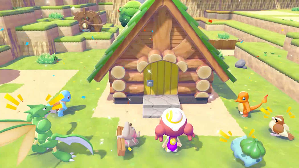 Ditto and Pokémon celebrate building a leaf cottage.