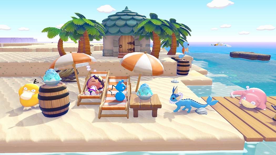 Ditto naps on a beach chair. Slowpoke is napping on the pier while other Pokémon enjoy shaved ice.
