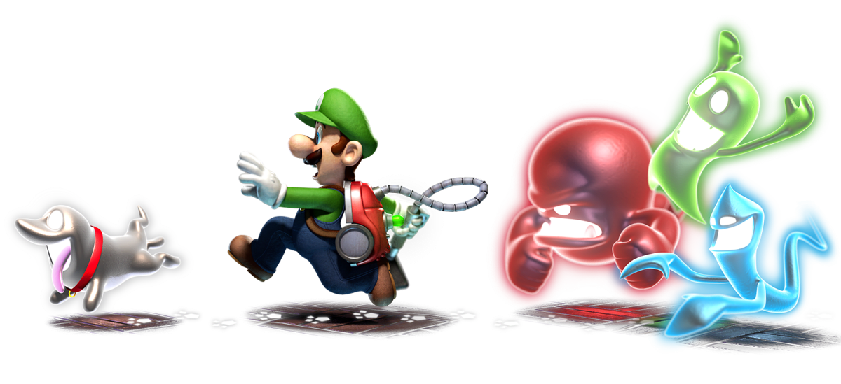 Luigi runs away from three menacing ghosts. Polterpup runs playfully in front of him.