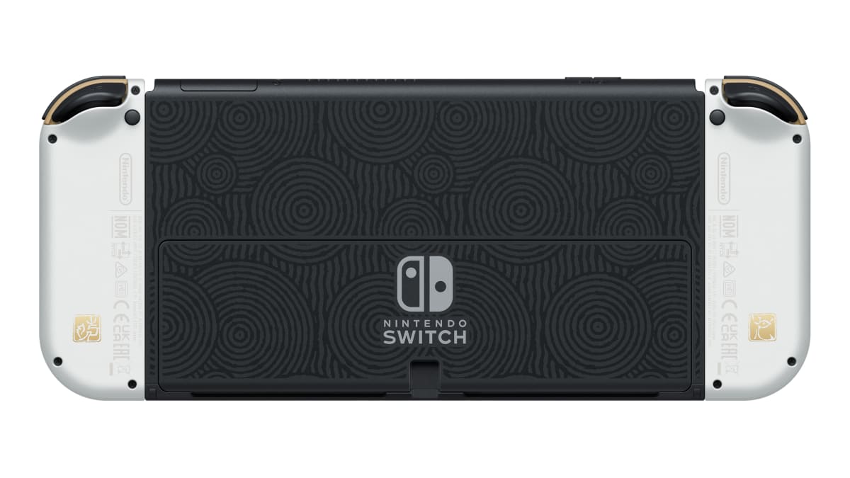 Back of the Nintendo Switch OLED console with a mysterious Hyrule pattern