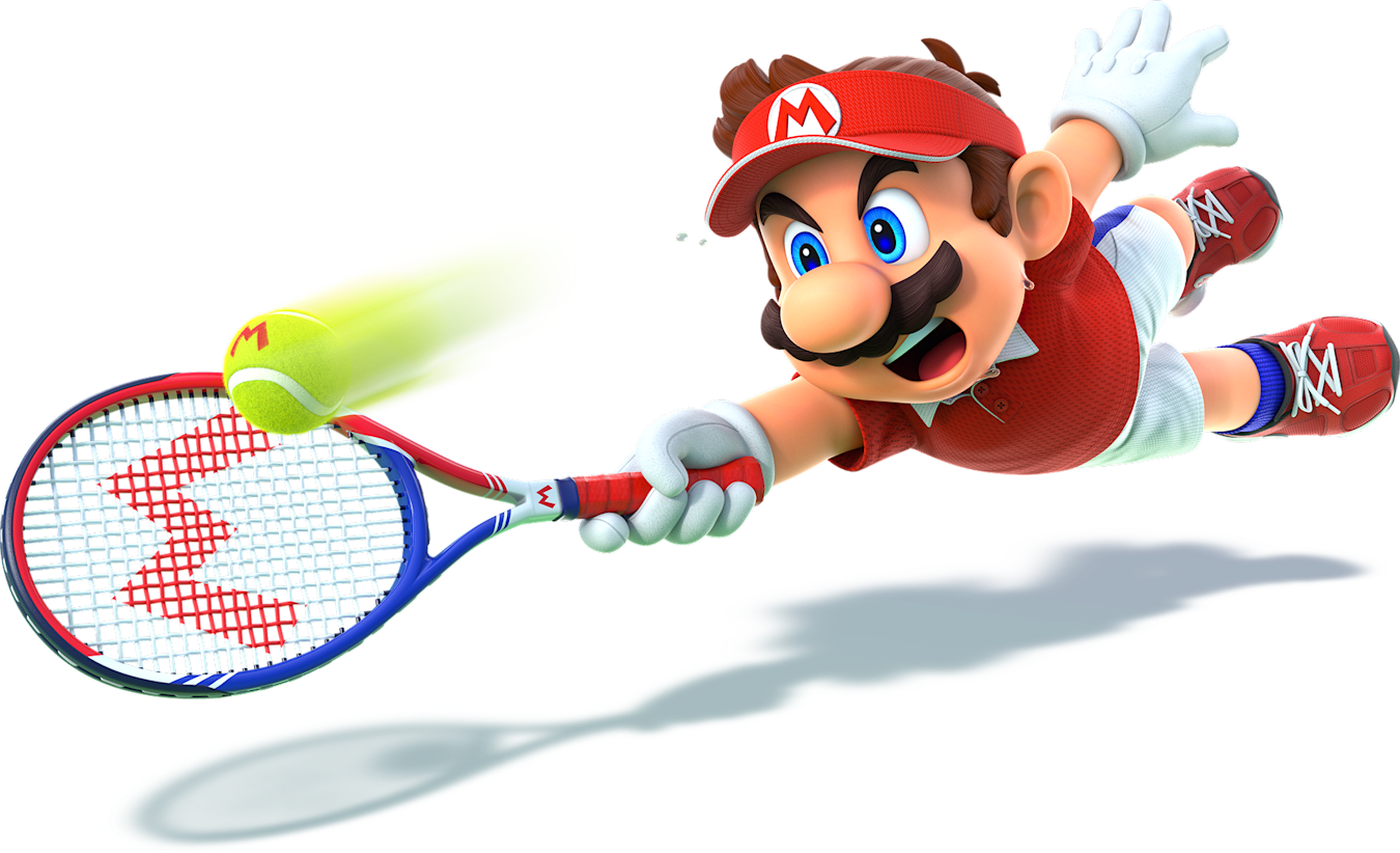 Mario dives for the ball. His mouth is wide and sweat flies from his brow.