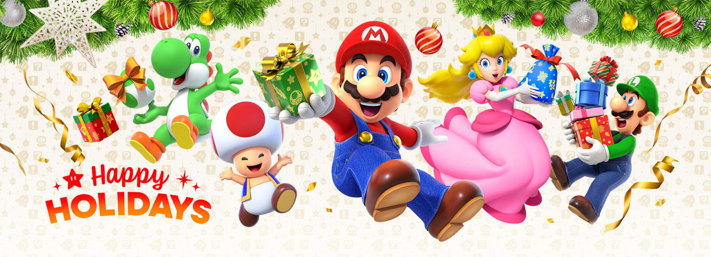 Mario and friends jumping with presents and holiday decor. Text says Happy Holidays