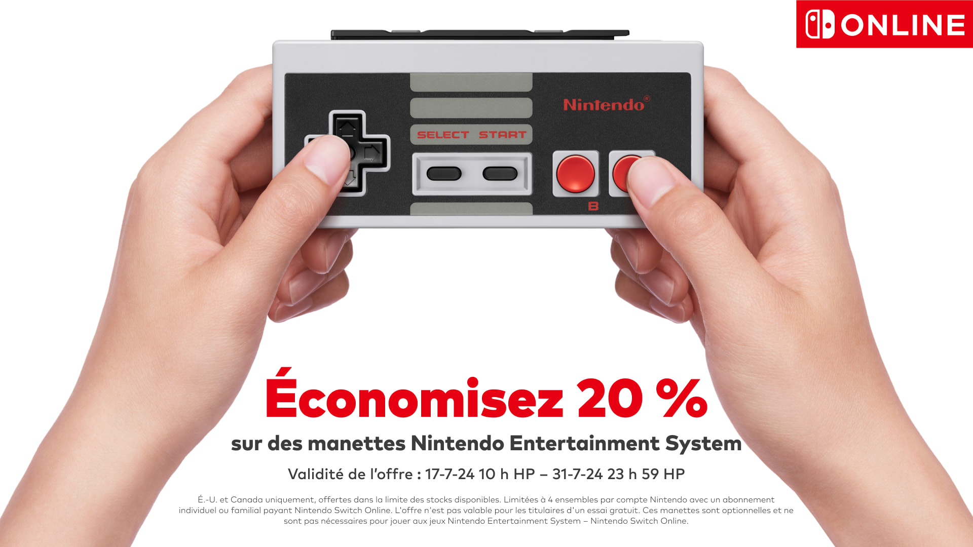 Save 20% on Nintendo Entertainment System Controllers. Offer valid: 10 AM PT 7/17/24 - 11:59 PM PT 7/31/24. US and Canada only. Limit 4 per Nintendo Account with paid NSO membership