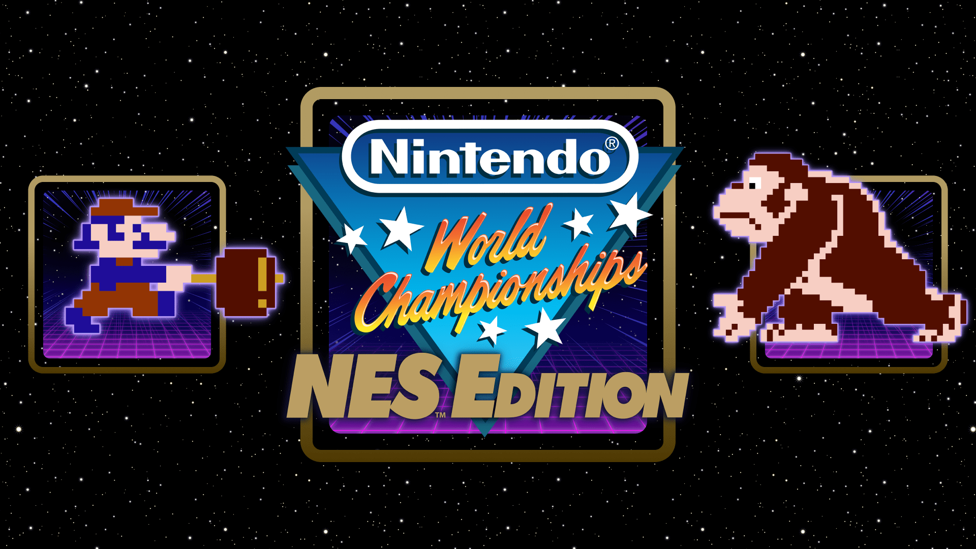 Nintendo World Championships: NES Edition with retro Mario and DK game art