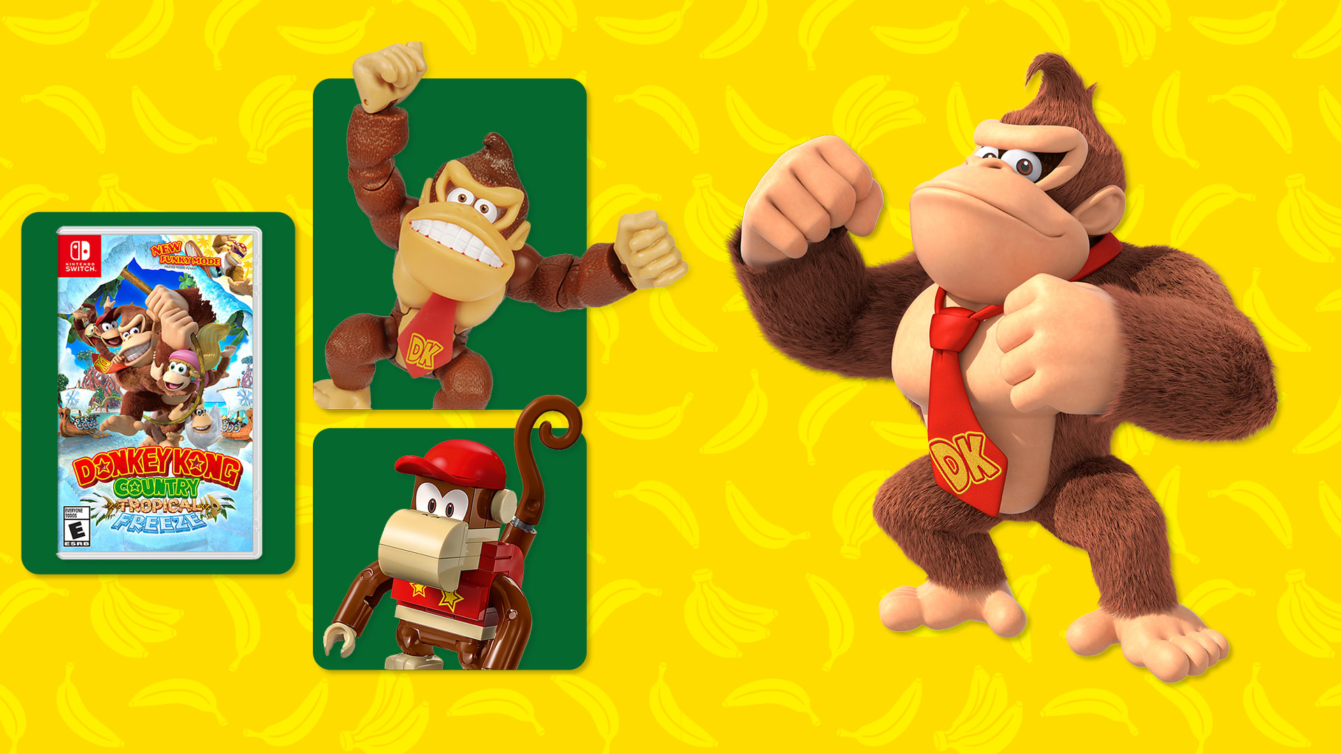 Donkey Kong posing with DK merch