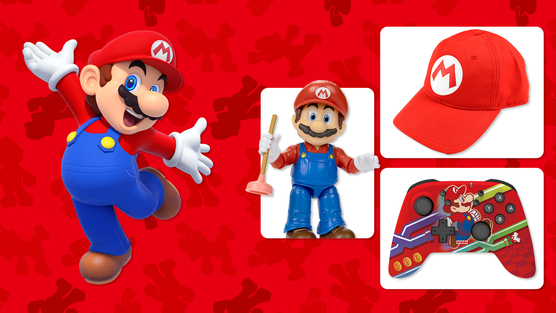 Mario posing and Mario merchandise