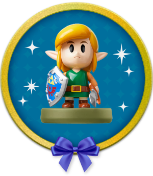 circle graphic with a bow featuring Link's Awakening amiibo