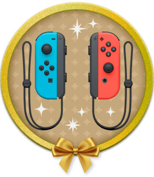 circle graphic with a bow featuring blue and red Joy-Con