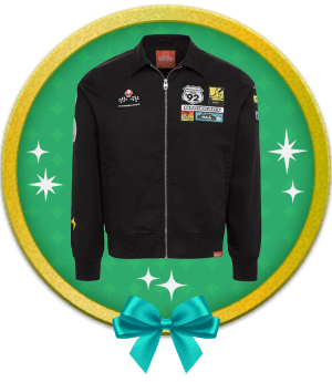 circle graphic with a bow featuring Mario Kart exclusives jacket