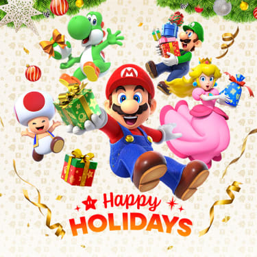 Mario and friends jumping with presents and holiday decor. Text says Happy Holidays