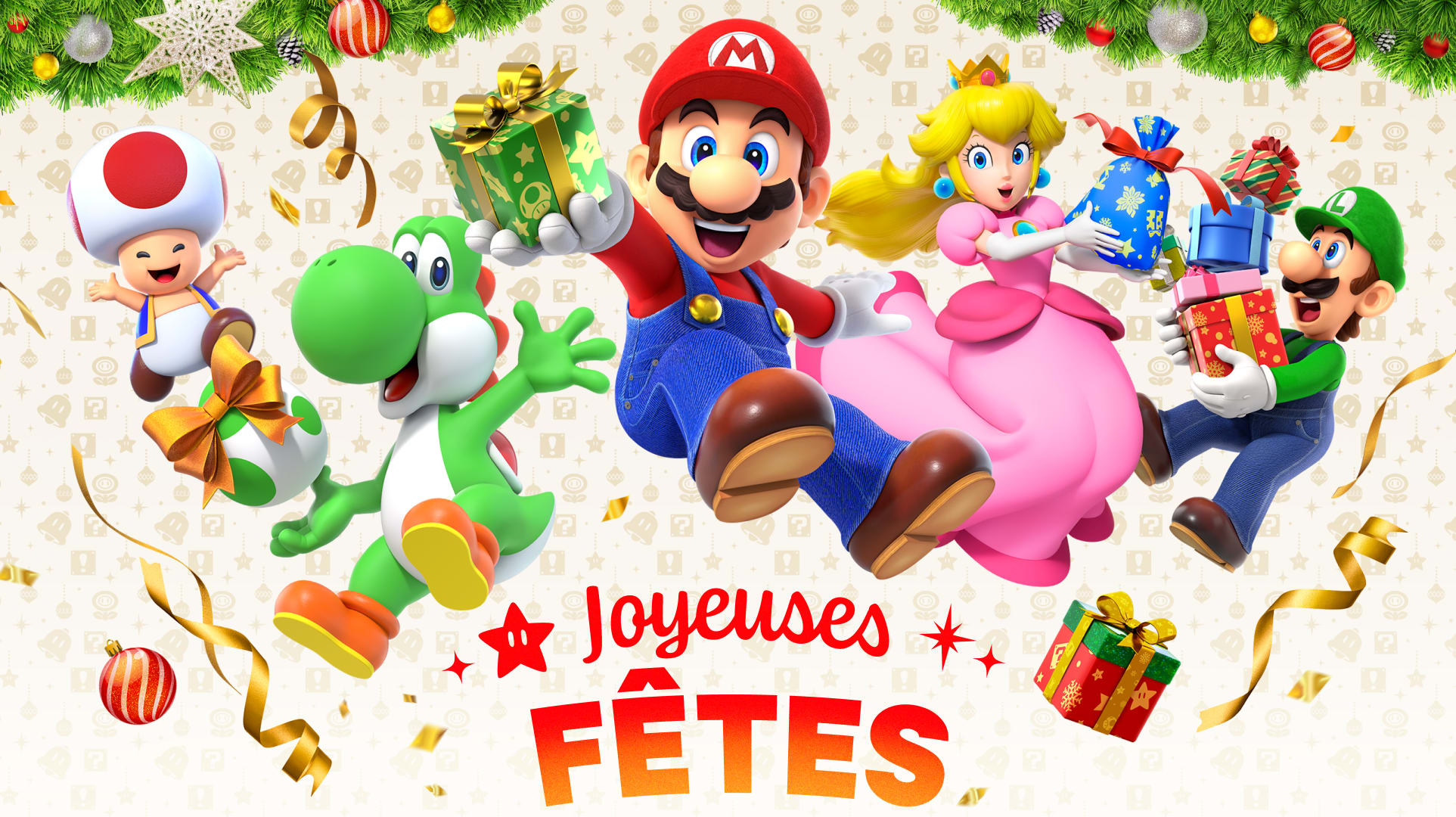 Mario and friends jumping with presents and holiday decor. Text says Joyeses fetes