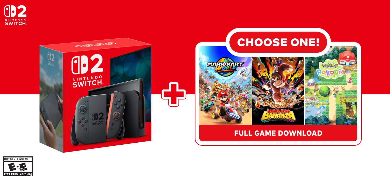 The bundle includes a Nintendo Switch 2 system and your choice of full game download for either the Mario Kart World, Donkey Kong Bananza, or Pokémon Pokopia games.