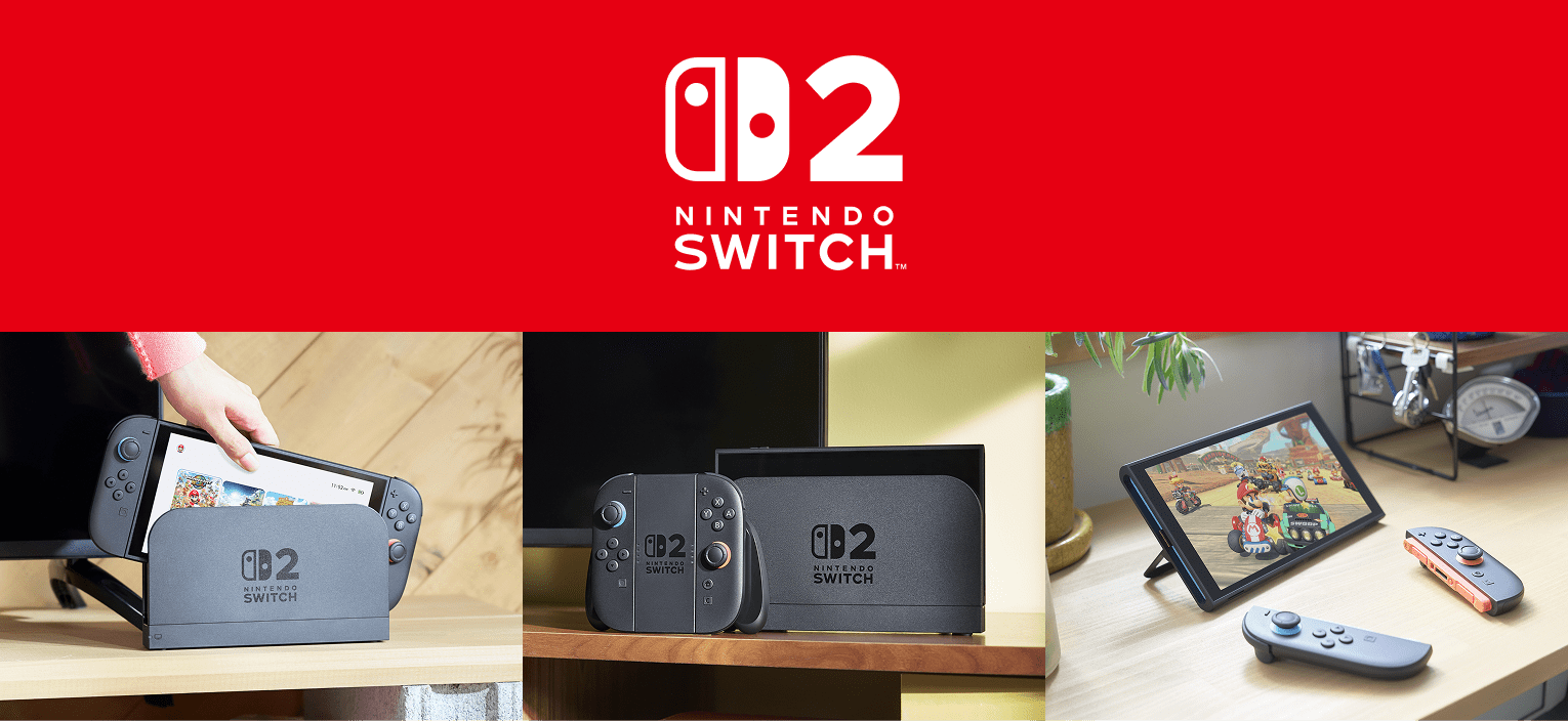 Nintendo Switch 2. Shown in its dock and in tabletop mode with its Joy-Con 2 controllers detached. 