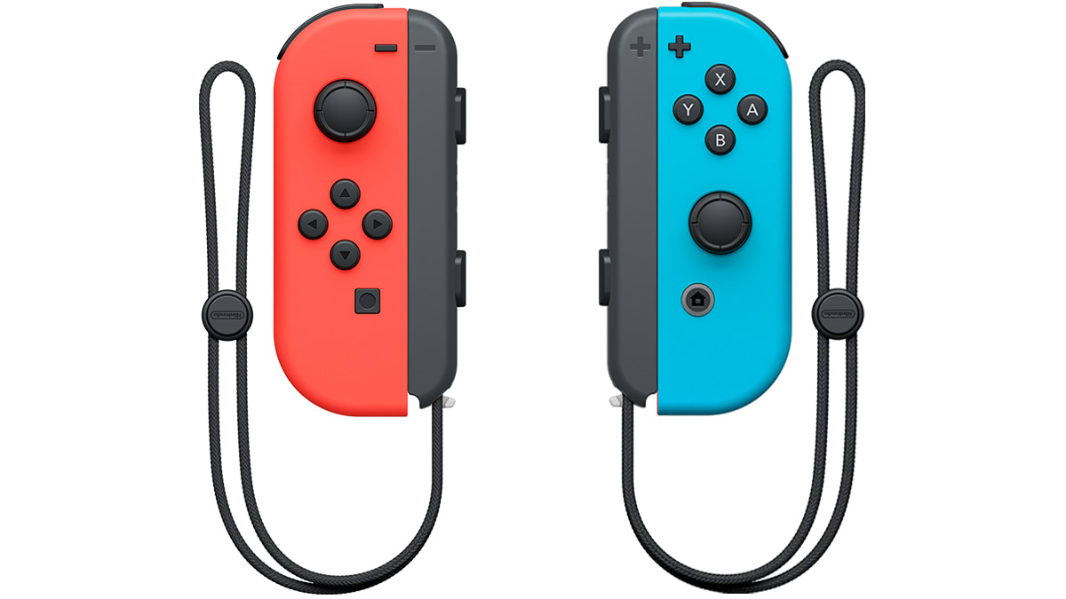 Controles Joy-Con azul neon e vermelho neon